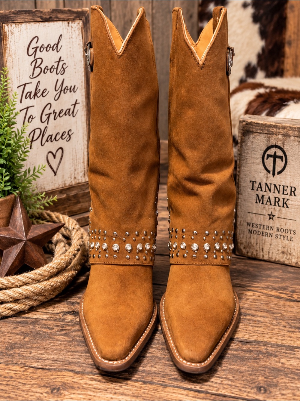 Dingo Tan Suede Rhinestone Studded Western Cowboy Boots Pointed Toe